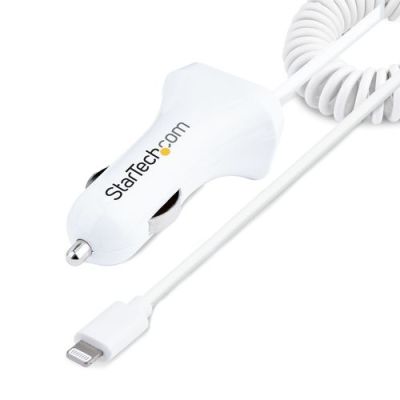 StarTech.com USB Autolader met 1m Lightning Spiraalkabel, 12W, Wit, 2 Port USB Tablet en Telefoon Op