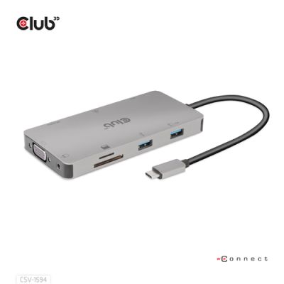 CLUB3D Type-C 9-in-1 hub with HDMI, VGA, 2x USB Gen1 Type-A,RJ45,SD/Micro SD card slots and USB Type