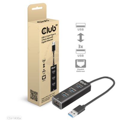 CLUB3D USB 3.2 Gen1 Type-A, 3 Ports Hub with Gigabit Ethernet, Bedraad, USB 3.2 Gen 1 (3.1 Gen 1) Ty