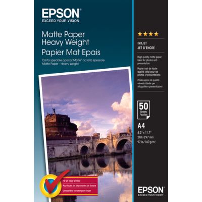Epson Matte Paper Heavy Weight - A4 - 50 Vellen, Mat, 167 g/m², A4, Wit, 50 vel, WorkForce WF-7620DT