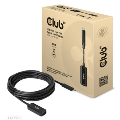 CLUB3D USB Gen2 Type-C to Type-A Cable 10Gbps M/V 5m, 5 m, USB C, USB A, USB 3.2 Gen 2 (3.1 Gen 2), 10000 Mbit/s, Zwart