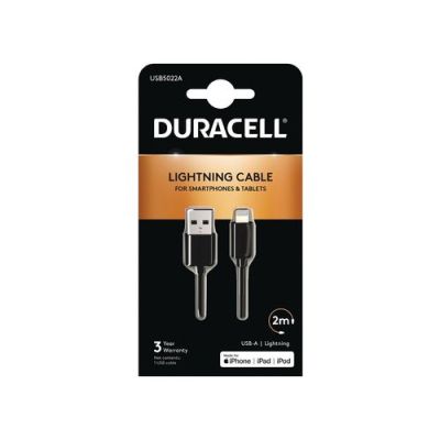 Duracell USB5022A, 2 m, USB A, Lightning, Zwart, Recht, Recht