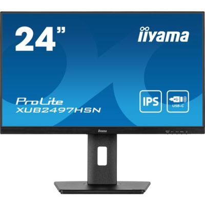 iiyama ProLite 24" Full HD IPS 300nits 16:9, USB-C docking 65W incl. LAN, speakers, Zwart, in hoogte