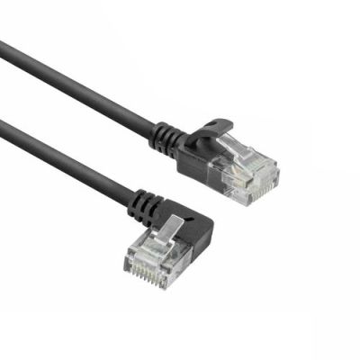 ACT Zwarte 0,15 meter U/UTP CAT6A LSZH slimline patchkabel met RJ45 connectoren, recht naar 90° haak