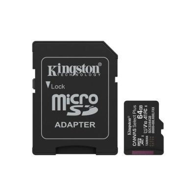 Kingston Technology 64GB microSDXC Canvas Select Plus Gen3 100MB/s A1 kaart + adapter, 64 GB, MicroS