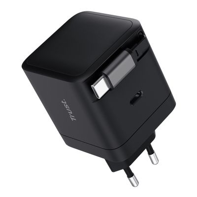 Trust Maxo Intrekbare USB-C-PD-oplader van 65 W, Binnen, AC, 20 V, 0,67 m, Zwart