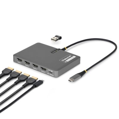 StarTech.com QUAD-USB-HDMI-ADAPT, Bedraad, USB 3.2 Gen 1 (3.1 Gen 1) Type-C, 140 W, Grijs, Windows 1