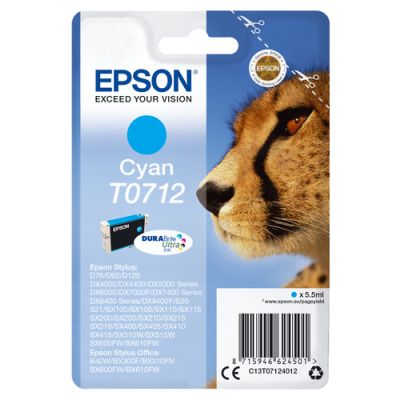 Epson Cheetah Singlepack Cyan T0712 DURABrite Ultra Ink, 5,5 ml, 495 pagina's, 1 stuk(s)