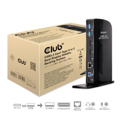 CLUB3D UNIVERSEEL Docking station USB3.2 Type A of C 2x Displayport 4K60Hz DisplayLink® gecertificeerd, Bedraad, USB 3.2 Gen 1 (3.1 Gen 1) Type-A, 3,5 mm, USB Type-A, 10,100,1000 Mbit/s, Zwart