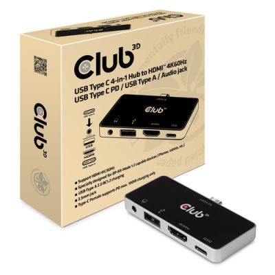 CLUB3D USB Type C 4-in-1 Hub to HDMI™ 4K60Hz USB Type C PD / USB Type A / Audio jack, Docking, USB 3.2 Gen 1 (3.1 Gen 1) Type-C, 100 W, 3,5 mm, Zwart, Chroom, 4K Ultra HD