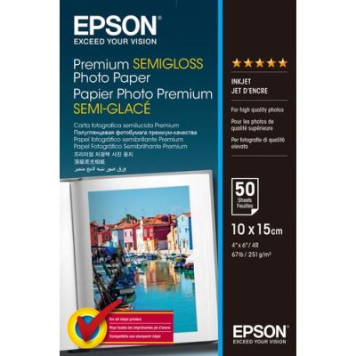Epson Premium Semi-Gloss Photo Paper - 10x15cm - 50 Vellen, Semi-gloss, 251 g/m², Wit, 50 vel, Expre