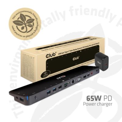 CLUB3D UNIVERSEEL USB Gen1 Type-C Triple Display Dockstation met 65 Watt voor het opladen van een lichte laptop * 1x VGA, 1x HDMI, 1x DP* ( DP ALT MODUS), Docking, USB 3.2 Gen 1 (3.1 Gen 1) Type-C, 3,5 mm, 1000 Mbit/s, 1000BASE-TX, IEEE 802.3