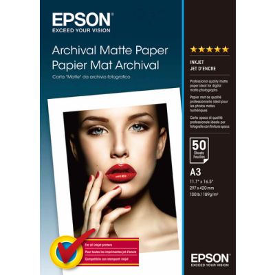 Epson Archival Matte Paper, DIN A3, 189g/m², 50 Vel, Mat, 189 g/m², A3, Wit, 50 vel, SureColor SC-T7