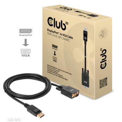 CLUB3D DisplayPort to VGA Cable M/M, 2 m, DisplayPort, VGA (D-Sub), Mannelijk, Mannelijk, Recht