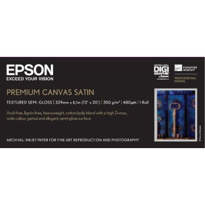 Epson Premium Canvas Satin, 13" x 6,1 m, 350g/m², Satijn, 350 g/m², Wit, SureColor SC-T7200D SureColor SC-T7200) SureColor SC-T5200PS SureColor SC-T5200D-PS SureColor..., 33 cm, 6,1 m