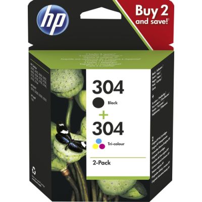 HP 304 originele zwarte/drie-kleuren inktcartridges, 2-pack, Normaal rendement, Inkt op pigmentbasis