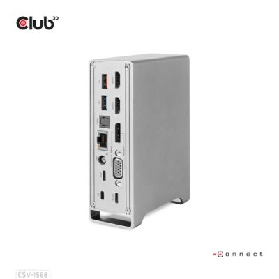 CLUB3D USB type C Universeel docking station 2x USB Gen2 Type-A 1x USB Gen1 Type-A 1x USB Type-A (ROOD) Smart Charging-poort 5V/2.4A Max. • 2x HDMI (DP Alt Mode) 1x DP (DP Alt Mode) 1x VGA 1x RJ45 max.120 Watt opladen, Docking, USB 3.2 Gen 2 (3.1 Gen 2) T
