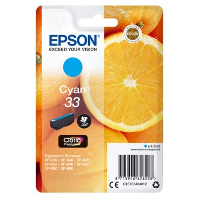 Epson Oranges Singlepack Cyan 33 Claria Premium Ink, Normaal rendement, 4,5 ml, 300 pagina's, 1 stuk