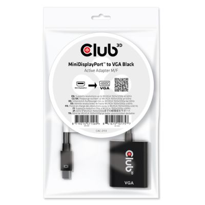 CLUB3D MiniDisplayPort™ to VGA Black Active Adapter M/F, 0,228 m, Mini Displayport, VGA, Mannelijk, Vrouwelijk, Recht