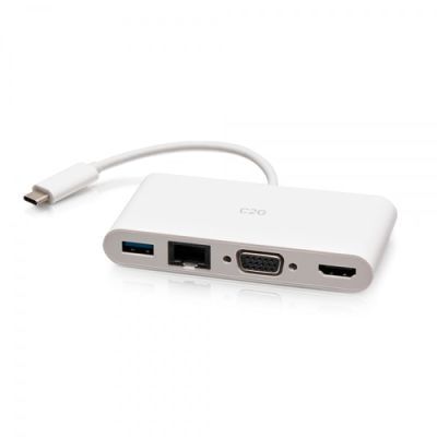C2G USB-C® naar HDMI®, VGA, USB-A, en RJ45 Multiport Adapter - 4K 30Hz - Wit, Bedraad, USB 3.2 Gen 1 (3.1 Gen 1) Type-C, 10,100,1000 Mbit/s, Wit, 1920 x 1200 Pixels, 1920 x 1200 Pixels