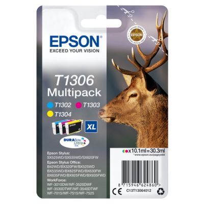 Epson Stag Multipack 3-kleur T1306 DURABrite Ultra Ink, Inkt op pigmentbasis, 10,1 ml, 1 stuk(s), Mu
